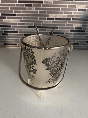 Vtg Ice Bucket Silver Overlay Resist Footed Grape Elegant Glass Ice Thongs